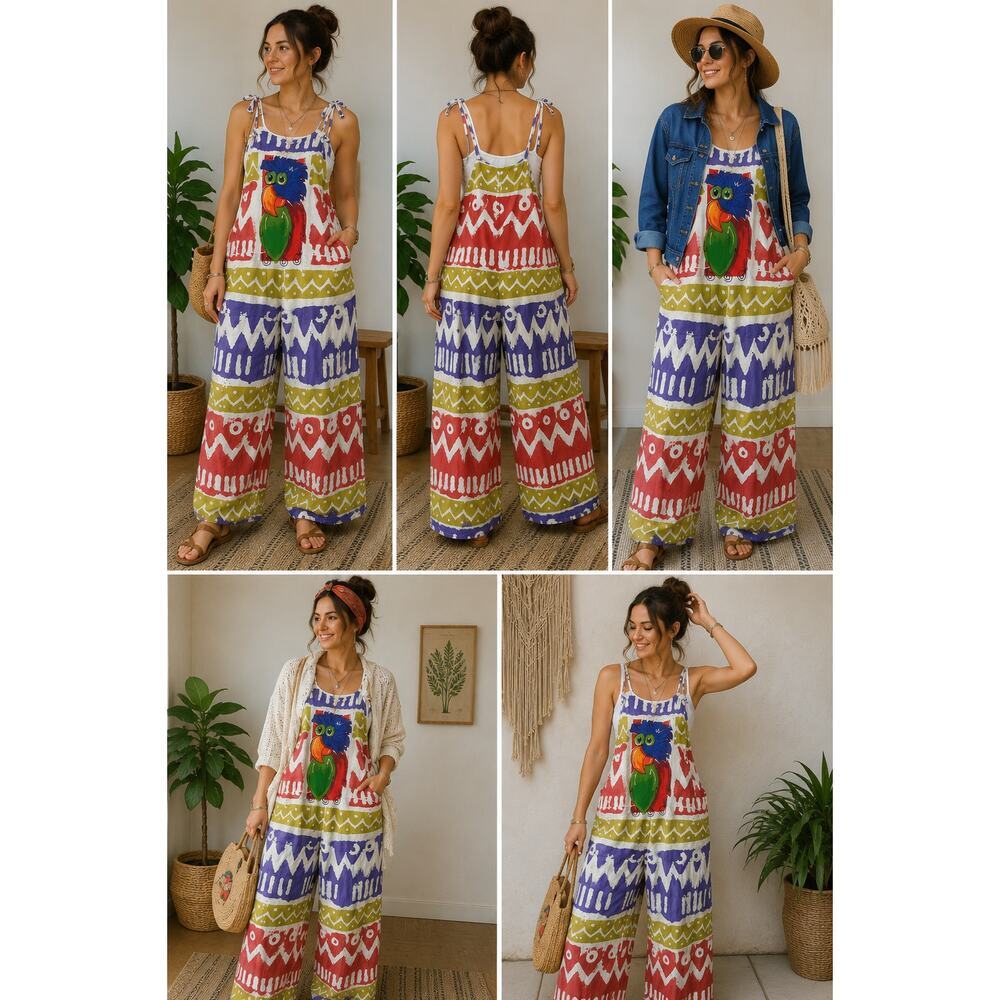 Vintage Handmade Parrot Print Wide Leg Jumpsuit Overalls USA XL Boho